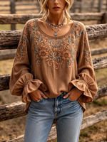 Boho-chic Floral Print Ruffled Cuffs Blouse