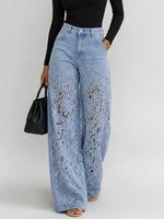 Lace Cut-out Wide-leg Denim Jeans