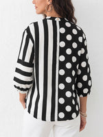 Polka Dot & Stripe Splice Stand Collar 3/4 Lantern Sleeve Linen Blend Top