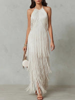 Halter Multi-layer Fringe Fitted Sleeveless Maxi Evening Dress