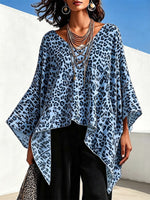 Leopard-print Top With A Round Neck, Asymmetrical Hem, And Batwing Sleeves