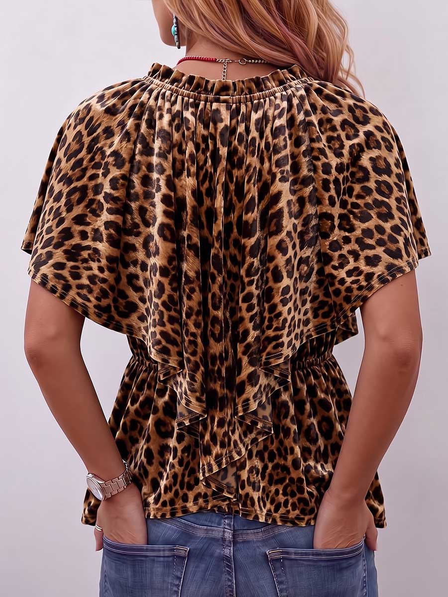 Women's Leopard Print V-neck Short-sleeve Casual Loose Velvet Top
