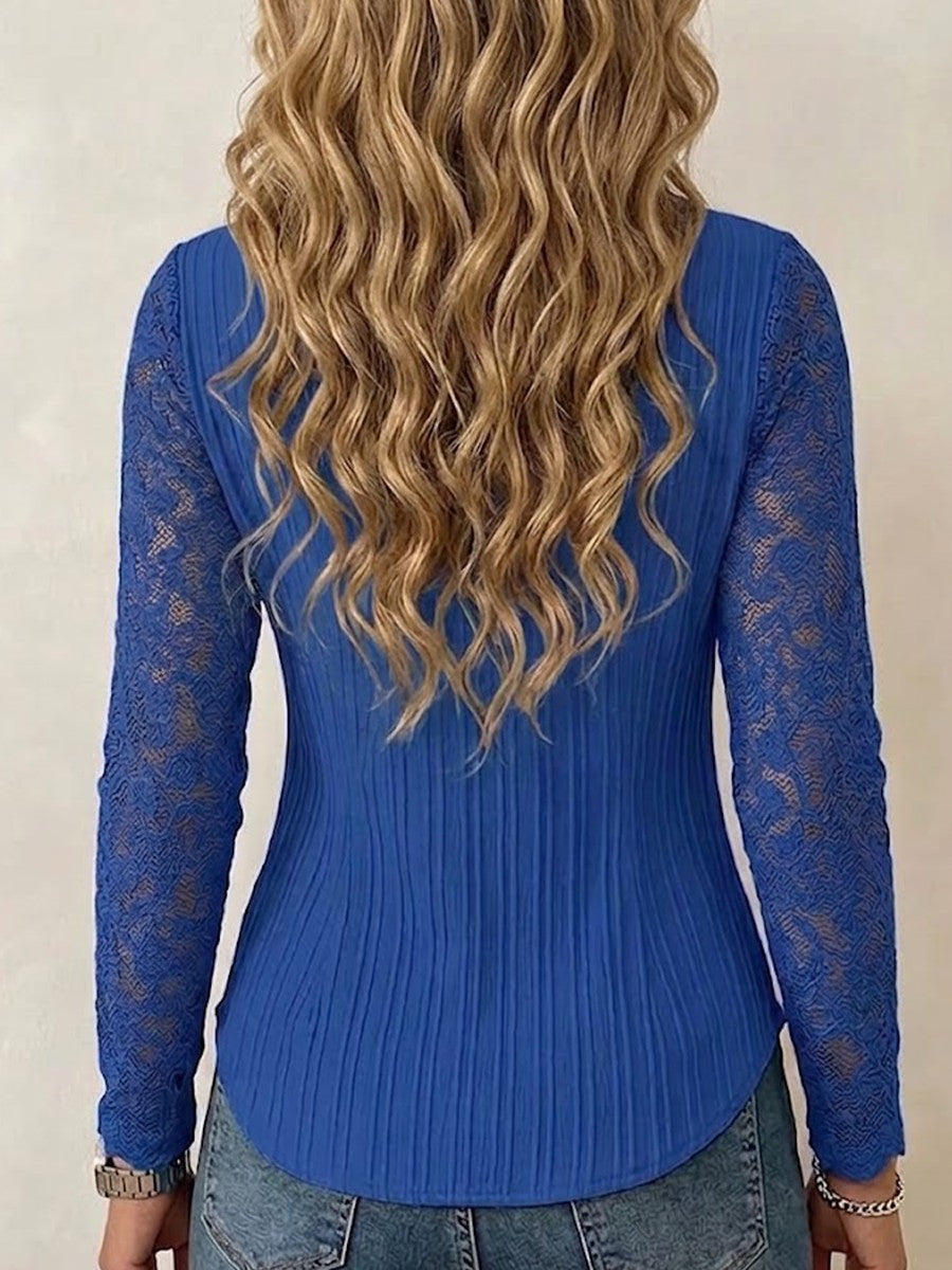 V-neck Vertical Texture Fitted Lace Spliced Long Sleeve Button Blouse