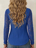 V-neck Vertical Texture Fitted Lace Spliced Long Sleeve Button Blouse