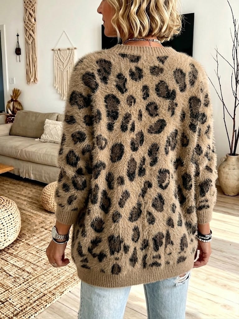 Loose And Cozy Leopard-print Knit Cardigan