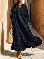 Loose-fit Resort Dress In A Linen Blend, Featuring A Stand Collar, Partial V-neck, Dropped Shoulders, And Three-quarter Sleeves