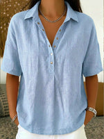 Casual Polo Collar Short-sleeved Linen And Cotton Shirt