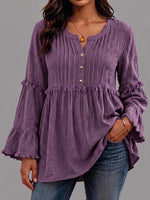 Women's Solid Color V-neck Long Sleeve Casual Loose Pleated Cotton Linen Top