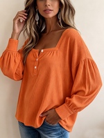 Cozy Chic Textured Orange Corduroy Square-neck Blouse