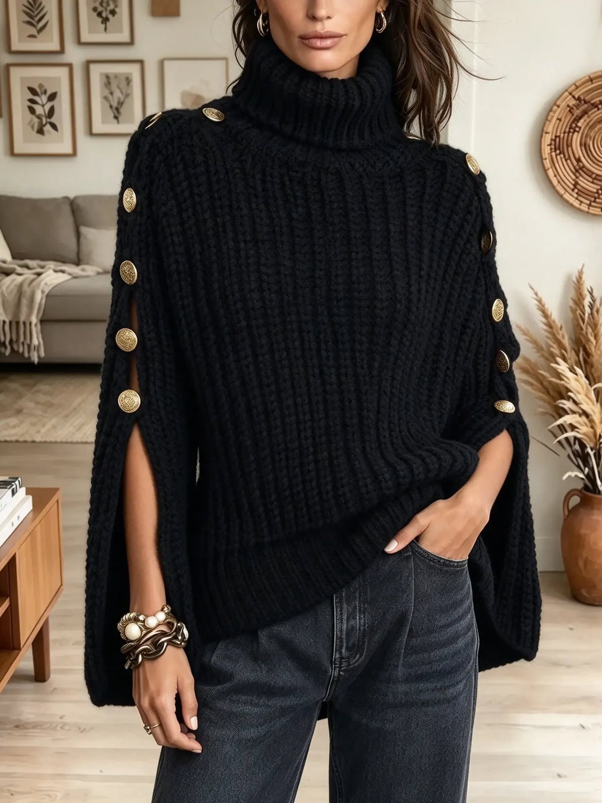 Women's Button Slit Sleeve Turtleneck Knit Poncho