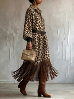 Leopard Print Fringed Hem Zip-up Midi Dress
