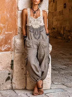 Women's Casual Loose-fit Wide-leg Jumpsuit With Placement Print And Lace Paneling