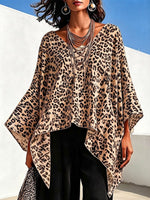 Leopard-print Top With A Round Neck, Asymmetrical Hem, And Batwing Sleeves