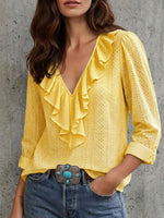 Long-sleeve V-neck Ruffled Solid-color Versatile Top