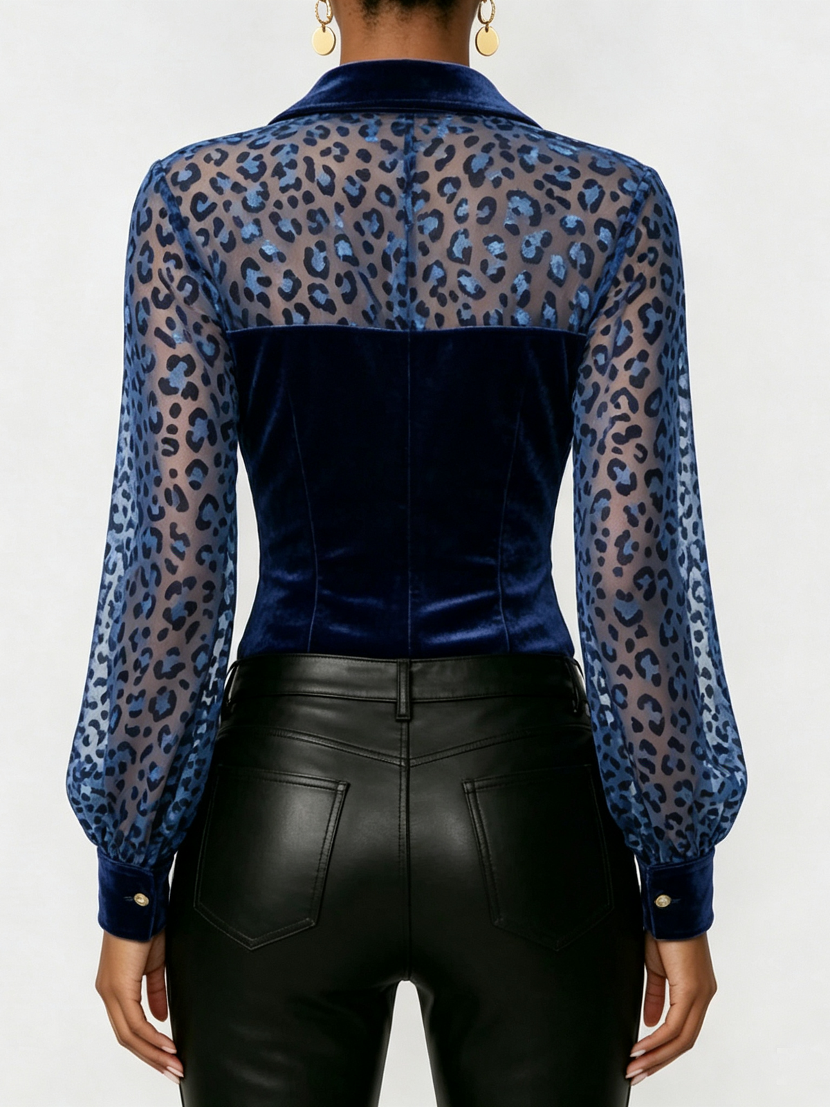 Chic Sexy Velvet Shirt With Sheer Animal Print Sleeves