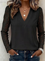 Solid V-neck Floral Hollow Lace Spliced Long Sleeve Casual Top