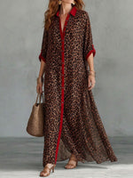 Casual Red-trimmed Leopard Print Cotton Maxi Shirt Dress