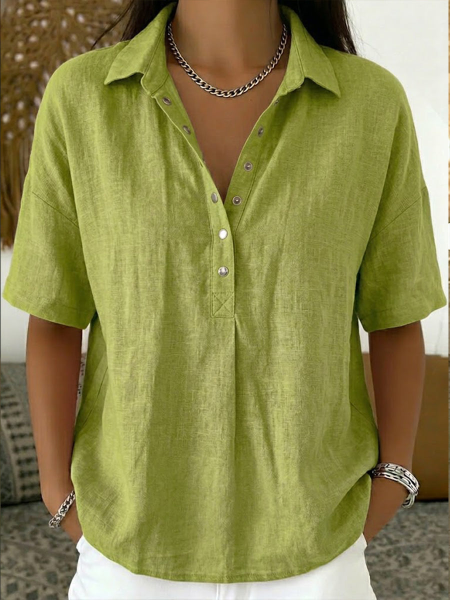 Casual Polo Collar Short-sleeved Linen And Cotton Shirt