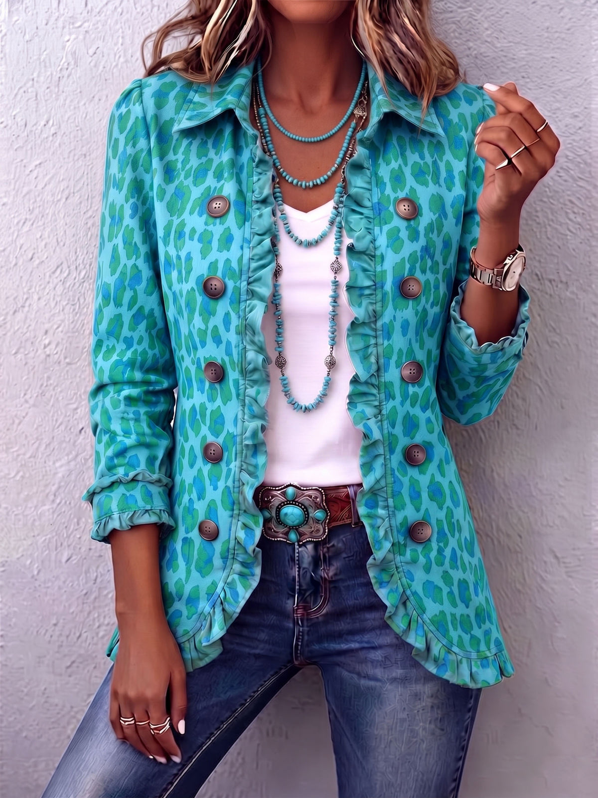 Boho Leopard Print Ruffle Blazer Jacket