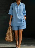 Cozy Loose-fitting Button Shirt And Shorts Cotton Linen Two-piece Set