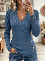 Women's Crossover V-Neck Button Ribbed Knit Sweater