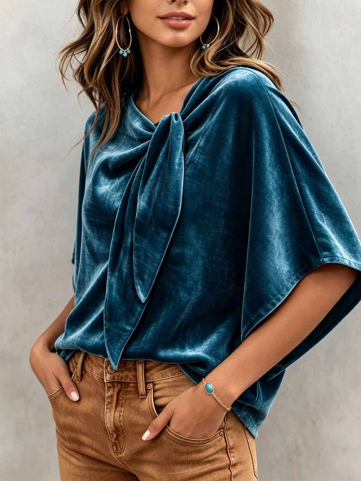 Retro-elegant Bow Tie Collar Batwing Sleeve Velvet Shirt Top