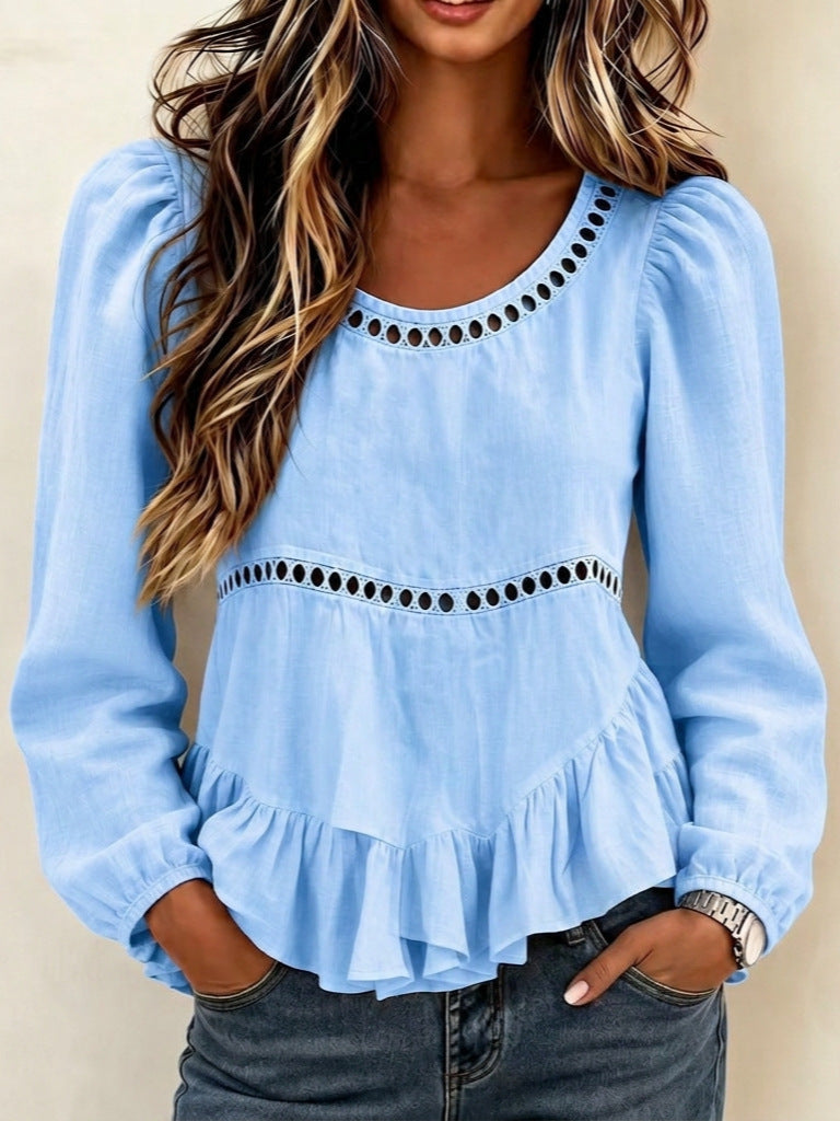 Romantic Linen-Blend Peplum Blouse – Cut-Out Trim & Ruffled Hem