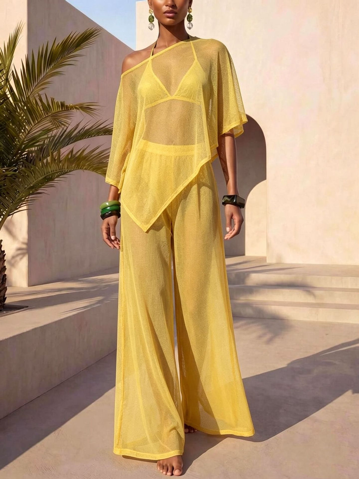Sheer Mesh Asymmetrical Off-Shoulder Knit Two-Piece Cover-Up Set