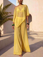 Sheer Mesh Asymmetrical Off-Shoulder Knit Two-Piece Cover-Up Set