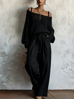 Two-piece Set: Open-knit Top And Cotton-linen Trousers
