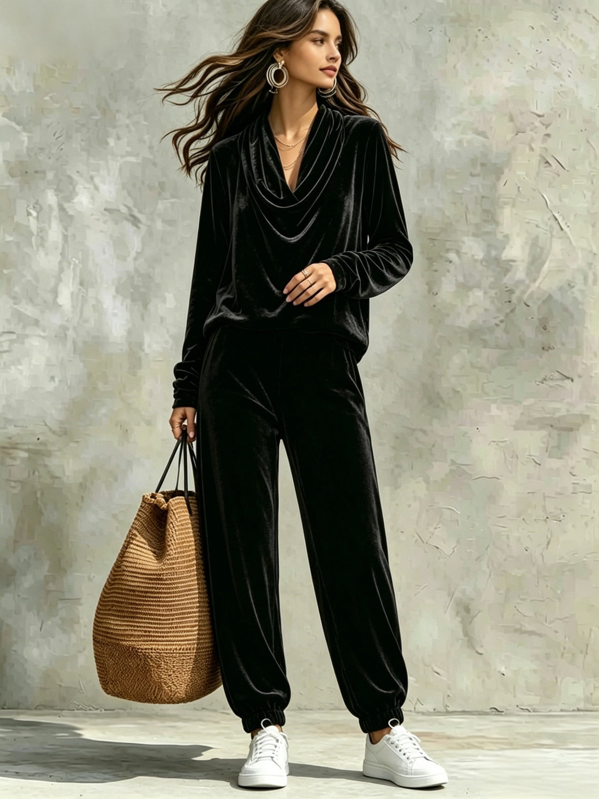 Comfortable And Casual Velvet Cowl-neck Top And Trousers Two-piece Set