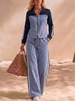 Two-piece Set: Denim-paneled Top And Wide-leg Trousers