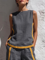 Women's Round Neck Sleeveless Casual Loose Top And High-waisted Loose Wide-leg Pants Cotton And Linen Set.