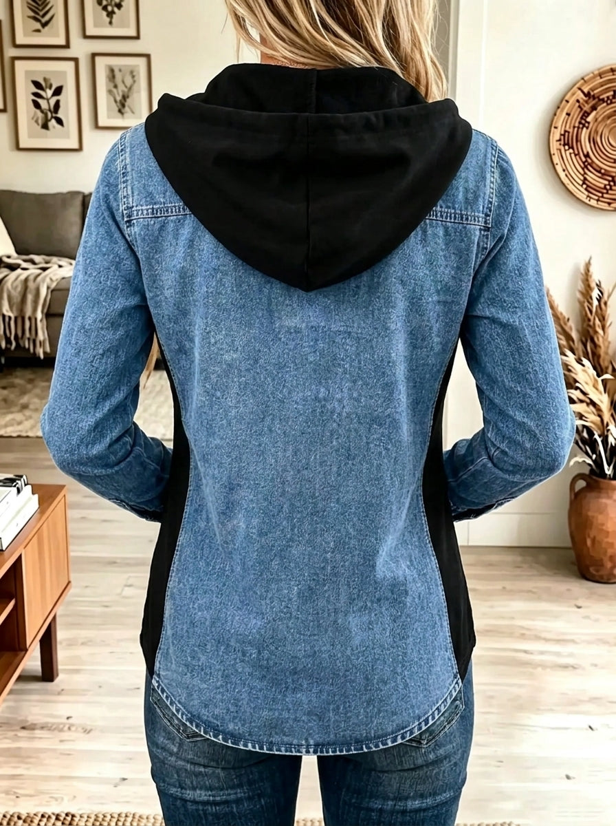 Women's Colorblock Button Henley Hooded Denim Top