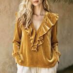 Cozy, Relaxed-fit Ruffled V-neck Velvet Top