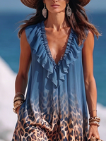 Vacation Party Sexy Leopard Print V-Neck Ruffled Blue Dress