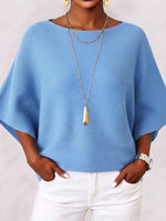 Elegant Boat Neck Batwing Sleeve Ribbed Knit Top