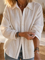 Casual Long-sleeve Linen-cotton Shirt With Spliced cutout Webbing