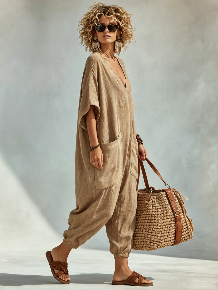 Oversized Linen-look Cotton V-neck Harem Jumpsuit