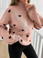Cozy Half-zip Knit Pullover With Heart Pattern