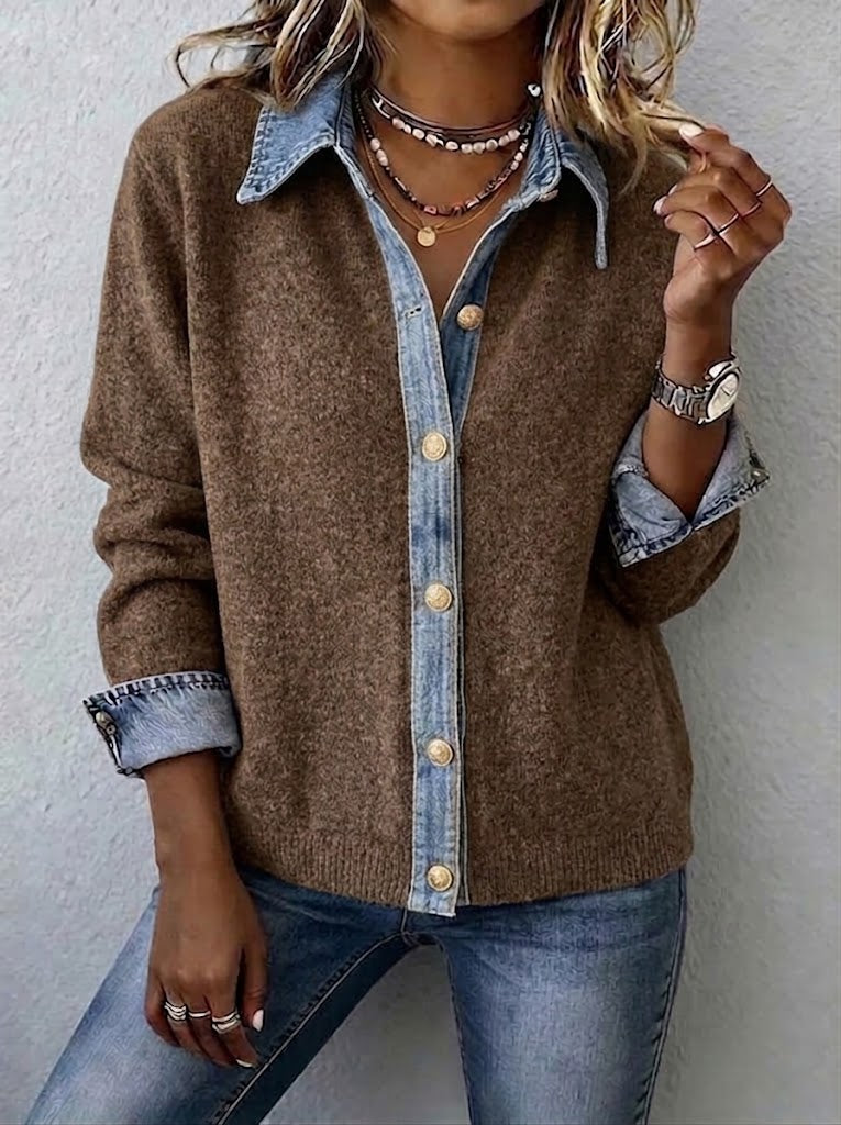 Casual Color-block Denim And Knit Cardigan