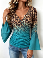 Boho Leopard Ombre Flare Sleeve Stretch Casual Blouse