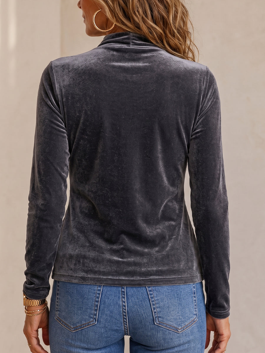 Elegant Asymmetric Ruched Velvet Long Sleeve Top