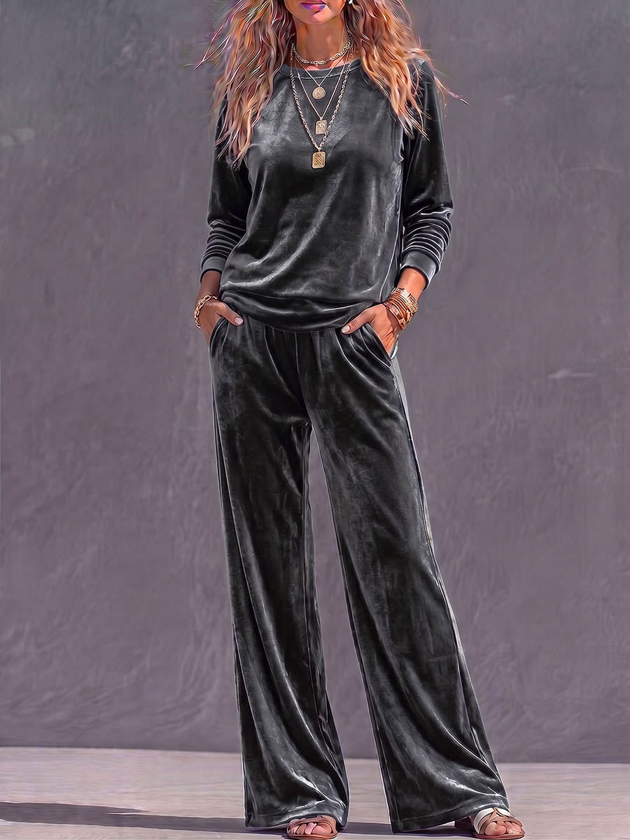 Women's Solid Color Round Neck Long Sleeve Casual Loose Top High Waist Wide Leg Pants Velvet Suit