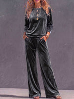 Women's Solid Color Round Neck Long Sleeve Casual Loose Top High Waist Wide Leg Pants Velvet Suit