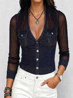 Women's V-neck Long-sleeved Denim Patchwork Mesh Top