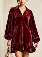 Velvet Loose-fit Mini Dress Featuring A Lapel Collar, Partial Button Placket, Lantern Sleeves, And A Ruffled Hem