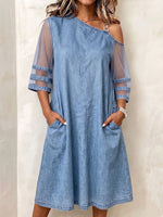 Women's Off-shoulder Neckline 3/4 Sleeves Casual Loose Denim Patchwork Mesh Dress