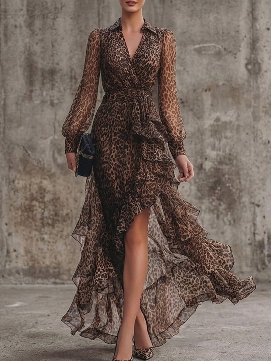 Collared Leopard Print Sheer Chiffon Wrap Waist Irregular Ruffle Maxi Dress