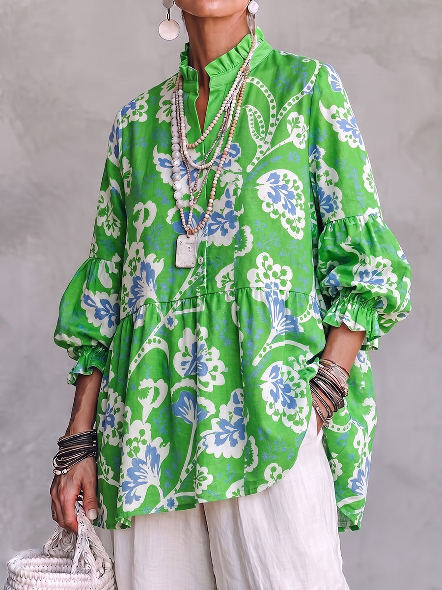 Vibrantly Patterned Tiered Tunic Linen Blouse